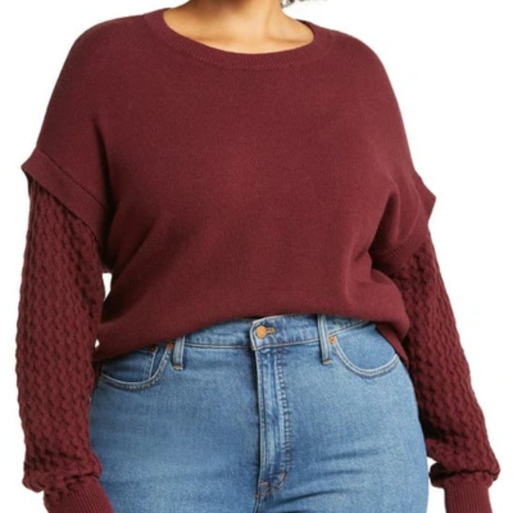 Open Edit Stitch Sleeve Cotton Blend Sweater in Natural Size 1X